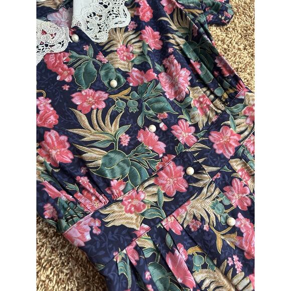 Miss Dorby Women’s 14 Dress Blue Floral Pearl Button Maxi Modest Lace Collar VTG - Picture 5 of 6